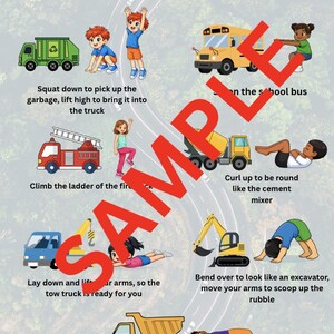 A sample image of the Trucks movement break. Includes 7 exercises like “Climb the ladder of the fire truck” with a girl marching next to a fire truck.
