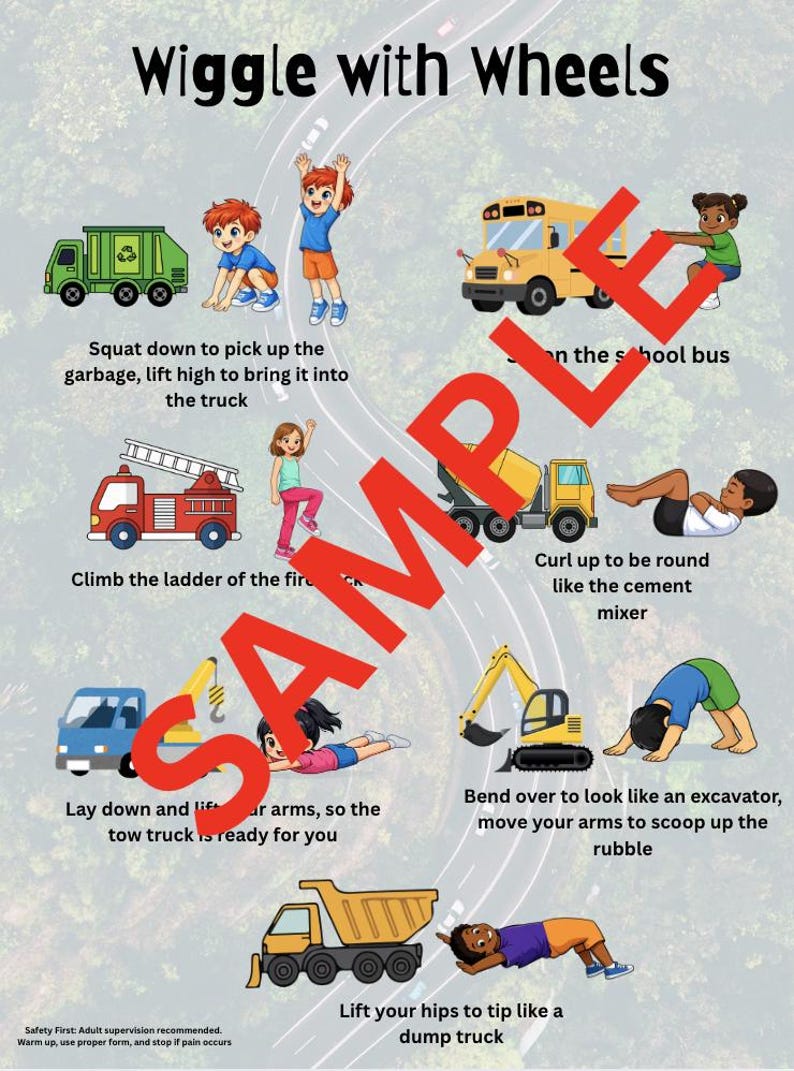 A sample image of the Trucks movement break. Includes 7 exercises like “Climb the ladder of the fire truck” with a girl marching next to a fire truck.