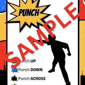 Puede incluir: Ilustraci&oacute;n estilo c&oacute;mic con una silueta negra de una persona dando un pu&ntilde;etazo. La palabra "PUNCH" est&aacute; en una explosi&oacute;n amarilla, y la palabra "SAMPLE" est&aacute; en rojo. Las instrucciones incluyen "Punch UP", "Punch DOWN", "Punch ACROSS" y "Add a KICK".