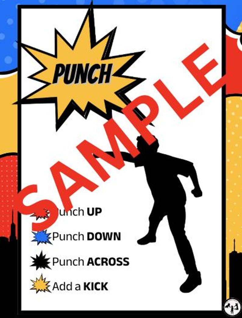 Puede incluir: Ilustraci&oacute;n estilo c&oacute;mic con una silueta negra de una persona dando un pu&ntilde;etazo. La palabra "PUNCH" est&aacute; en una explosi&oacute;n amarilla, y la palabra "SAMPLE" est&aacute; en rojo. Las instrucciones incluyen "Punch UP", "Punch DOWN", "Punch ACROSS" y "Add a KICK".