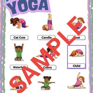 A colorful illustration titled "Floor Yoga" features various yoga poses with corresponding names. The image includes poses like Cat Cow, Candle, and Child, with cartoon figures demonstrating each pose. The word "SAMPLE" is overlaid in red.