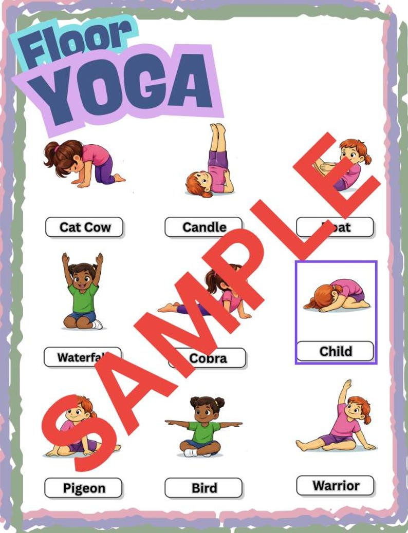 A colorful illustration titled "Floor Yoga" features various yoga poses with corresponding names. The image includes poses like Cat Cow, Candle, and Child, with cartoon figures demonstrating each pose. The word "SAMPLE" is overlaid in red.