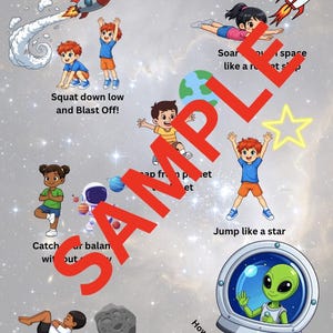 A sample image of the outer space movement break, consisting of a child doing jumping jacks next to a star with the text “jump like a star”, A child doing squat jumps next to a spaceship with the text “squat down low and blast off”, and 4 other exercises.