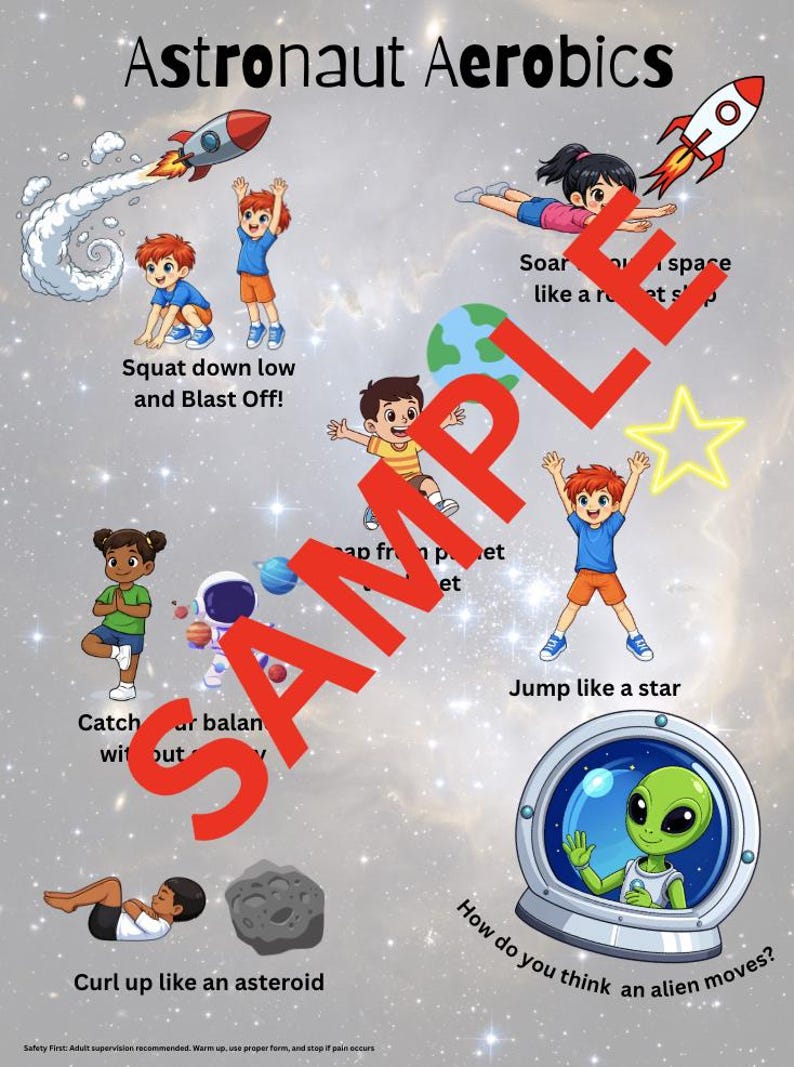 A sample image of the outer space movement break, consisting of a child doing jumping jacks next to a star with the text “jump like a star”, A child doing squat jumps next to a spaceship with the text “squat down low and blast off”, and 4 other exercises.