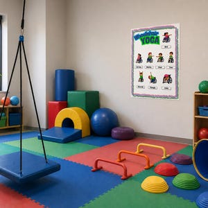 May include: A colorful playroom with a blue swing, exercise equipment, and a poster for wheelchair yoga. The floor is covered in red, blue, green, and yellow interlocking mats. There are various exercise balls and foam shapes.