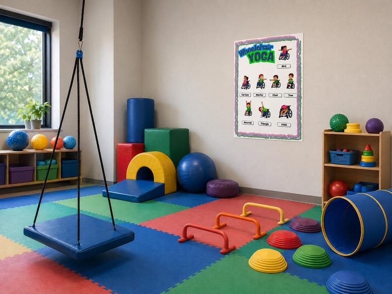 May include: A colorful playroom with a blue swing, exercise equipment, and a poster for wheelchair yoga. The floor is covered in red, blue, green, and yellow interlocking mats. There are various exercise balls and foam shapes.