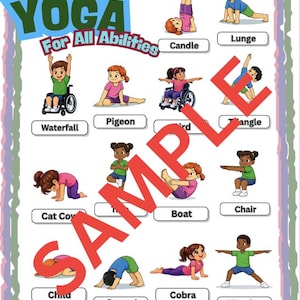 A colorful poster titled "Kids Yoga For All Abilities" features illustrations of children performing various yoga poses, including Candle, Lunge, Waterfall, Pigeon, and Triangle. Some children are in wheelchairs doing modified poses. The word "SAMPLE" is printed across the image.