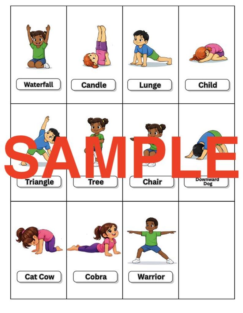A sample page of the product, consisting of children demonstrating yoga poses. Each pose is in a separate box with an image of a child doing a pose labeled with its name, including Waterfall, Candle, Lunge, Child, Triangle, Tree, Chair, Downward Dog, Cat Cow, Cobra, and Warrior. The word "SAMPLE" is printed in large red letters.