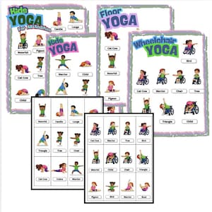 A collection of colorful yoga posters for kids, including options for all abilities and wheelchair users. Each poster features illustrated yoga poses with corresponding names, such as "Waterfall," "Warrior," and "Child."