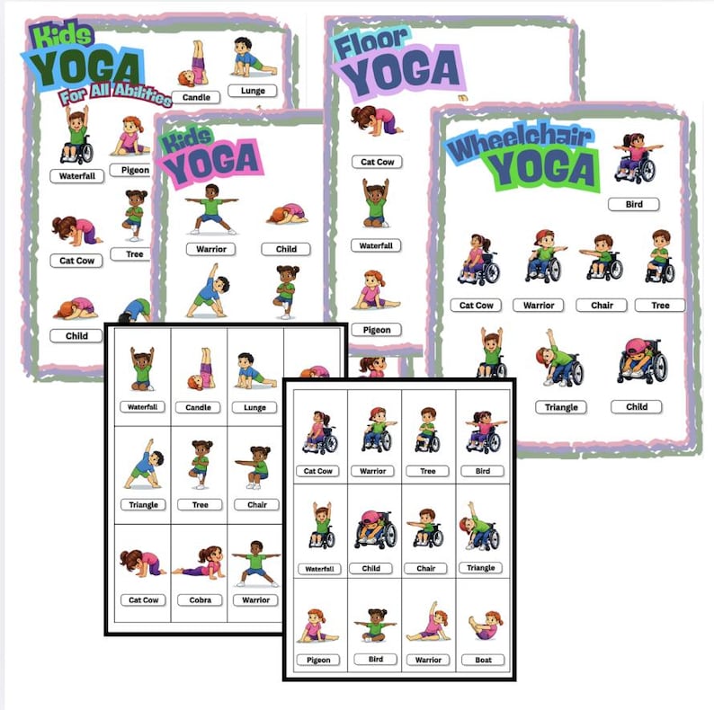 A collection of colorful yoga posters for kids, including options for all abilities and wheelchair users. Each poster features illustrated yoga poses with corresponding names, such as "Waterfall," "Warrior," and "Child."