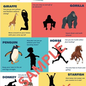 Peut inclure: Affiche &eacute;ducative intitul&eacute;e "Animal Walks" pr&eacute;sentant des illustrations d'animaux et les mouvements correspondants. Comprend une girafe, un gorille, un pingouin, un cheval, un &acirc;ne et une &eacute;toile de mer, avec des instructions pour chaque activit&eacute;.
