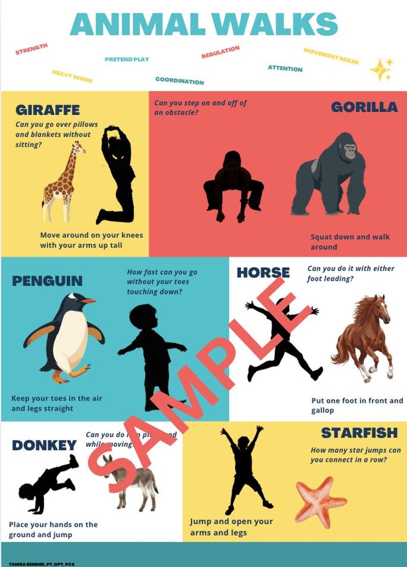 Peut inclure: Affiche &eacute;ducative intitul&eacute;e "Animal Walks" pr&eacute;sentant des illustrations d'animaux et les mouvements correspondants. Comprend une girafe, un gorille, un pingouin, un cheval, un &acirc;ne et une &eacute;toile de mer, avec des instructions pour chaque activit&eacute;.