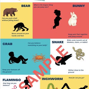 Peut inclure: A poster &eacute;ducatif intitul&eacute; "Animal Walks" pr&eacute;sentant des illustrations d'ours, de lapins, de crabes, de serpents, de flamants roses et de g&eacute;om&egrave;tres, chacun d&eacute;montrant un exercice. Le poster comprend du texte d&eacute;crivant le mouvement de chaque animal et les activit&eacute;s connexes.