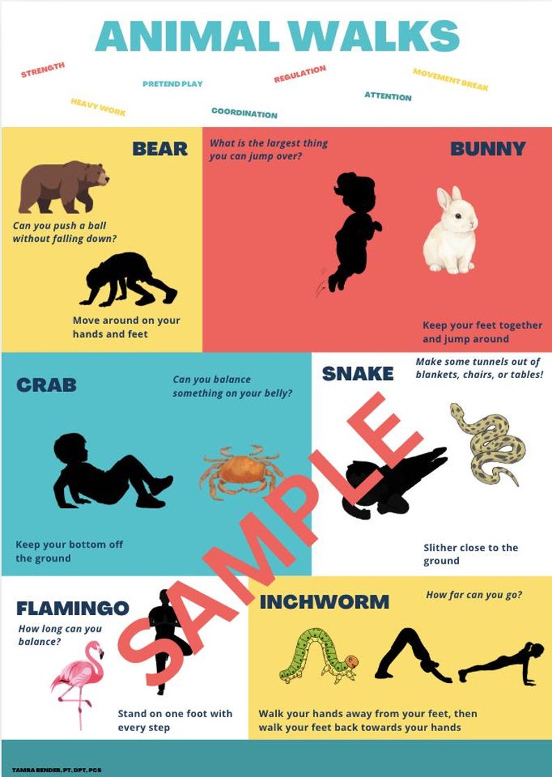 Peut inclure: A poster &eacute;ducatif intitul&eacute; "Animal Walks" pr&eacute;sentant des illustrations d'ours, de lapins, de crabes, de serpents, de flamants roses et de g&eacute;om&egrave;tres, chacun d&eacute;montrant un exercice. Le poster comprend du texte d&eacute;crivant le mouvement de chaque animal et les activit&eacute;s connexes.