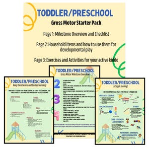 May include: A colorful educational resource for toddlers and preschoolers. The image features a "Gross Motor Starter Pack" with checklists, household item ideas, and exercises. Includes pages on milestones, developmental play, and activities for active children.