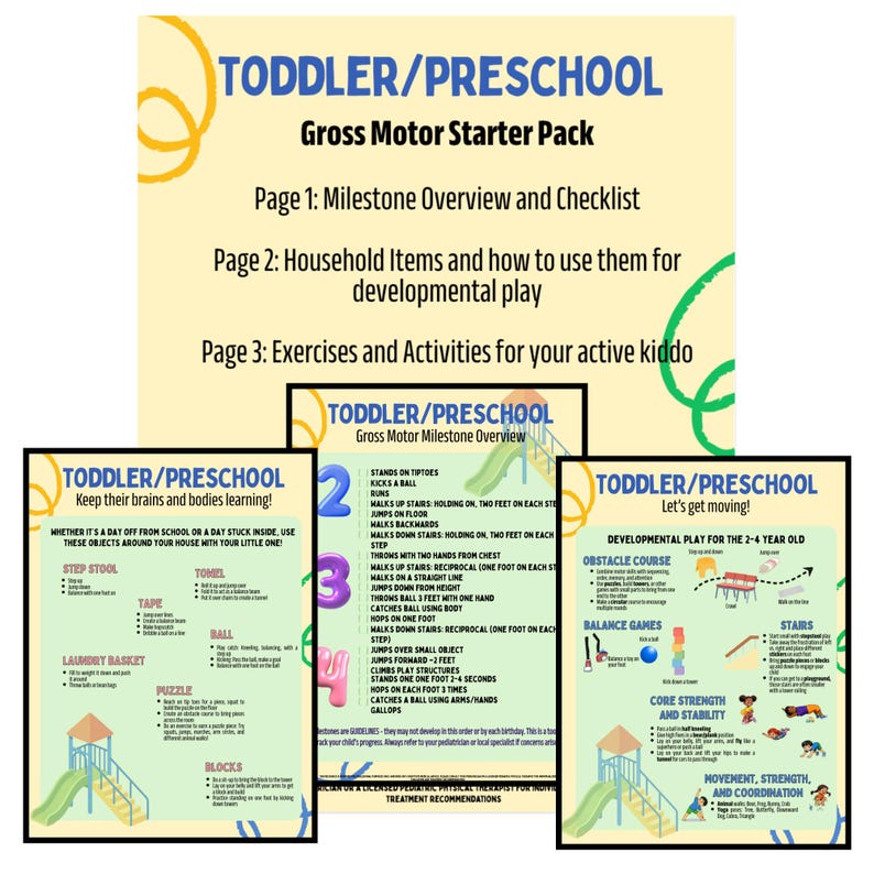 May include: A colorful educational resource for toddlers and preschoolers. The image features a "Gross Motor Starter Pack" with checklists, household item ideas, and exercises. Includes pages on milestones, developmental play, and activities for active children.