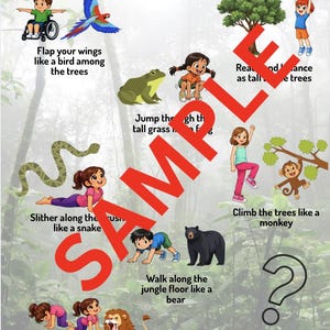 A colorful movement break poster titled "Jumpstart in the Jungle" features illustrations of children exercising like animals. The poster includes text such as "Flap your wings like a bird" and "Walk along the jungle floor like a bear”