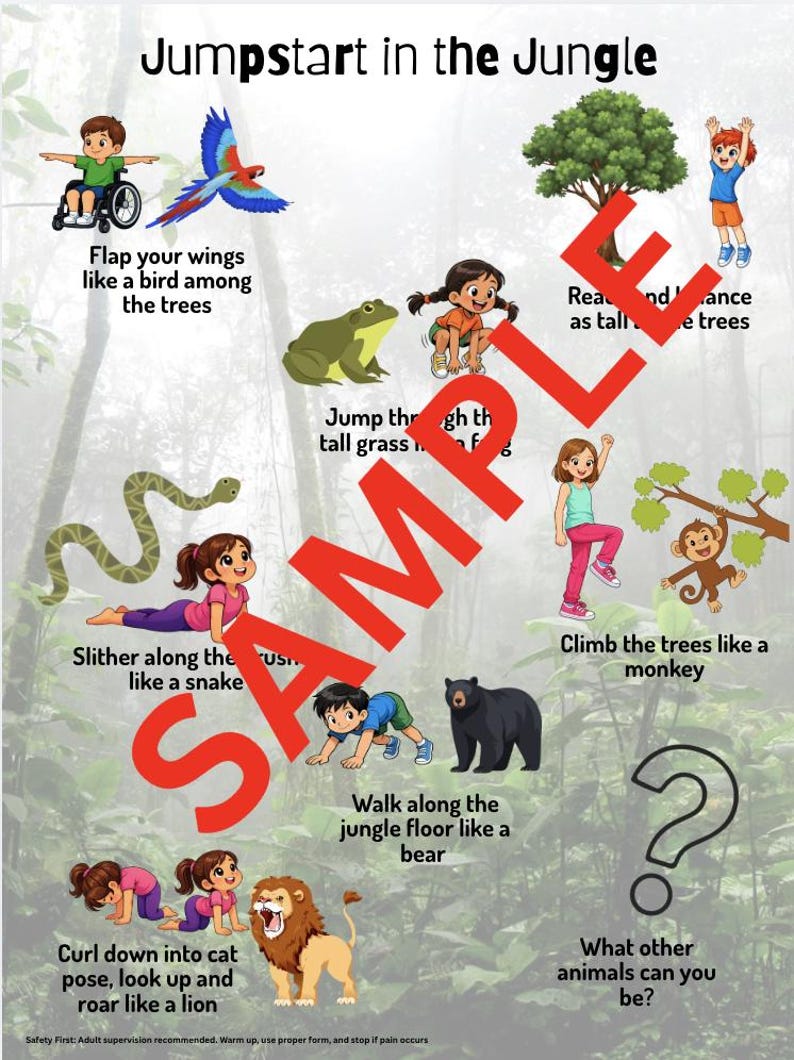 A colorful movement break poster titled "Jumpstart in the Jungle" features illustrations of children exercising like animals. The poster includes text such as "Flap your wings like a bird" and "Walk along the jungle floor like a bear”
