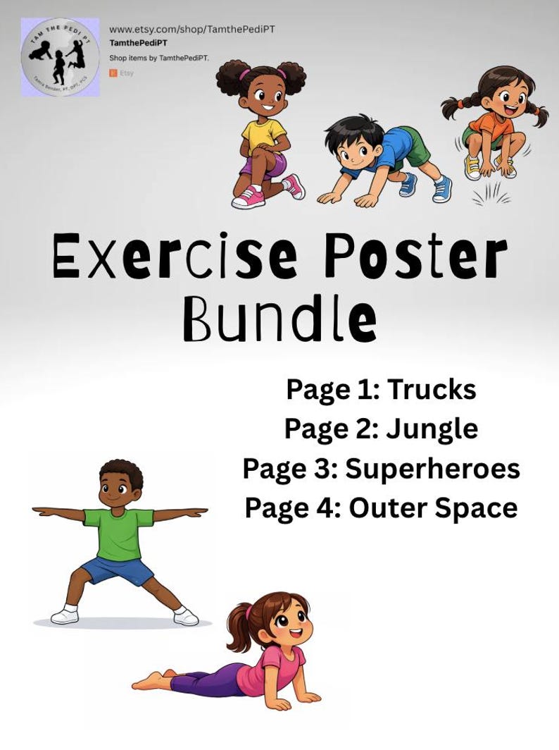 This photo reads “Exercise Poster Bundle: Page 1: Trucks, Page 2: Jungle, Page 3: Superheroes, Page 4: Outer Space”