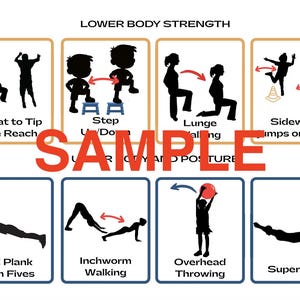 May include: A fitness infographic with illustrations of lower body strength exercises. The exercises include squats, lunges, step-ups, and more. The word "SAMPLE" is written across the center of the image.