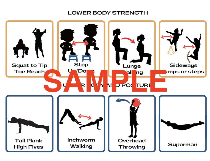 May include: A fitness infographic with illustrations of lower body strength exercises. The exercises include squats, lunges, step-ups, and more. The word "SAMPLE" is written across the center of the image.