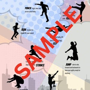 A sample image of the superhero movement break. It has a colorful background resembling a comic book and silhouette images of children, running, jumping climbing kicking and more