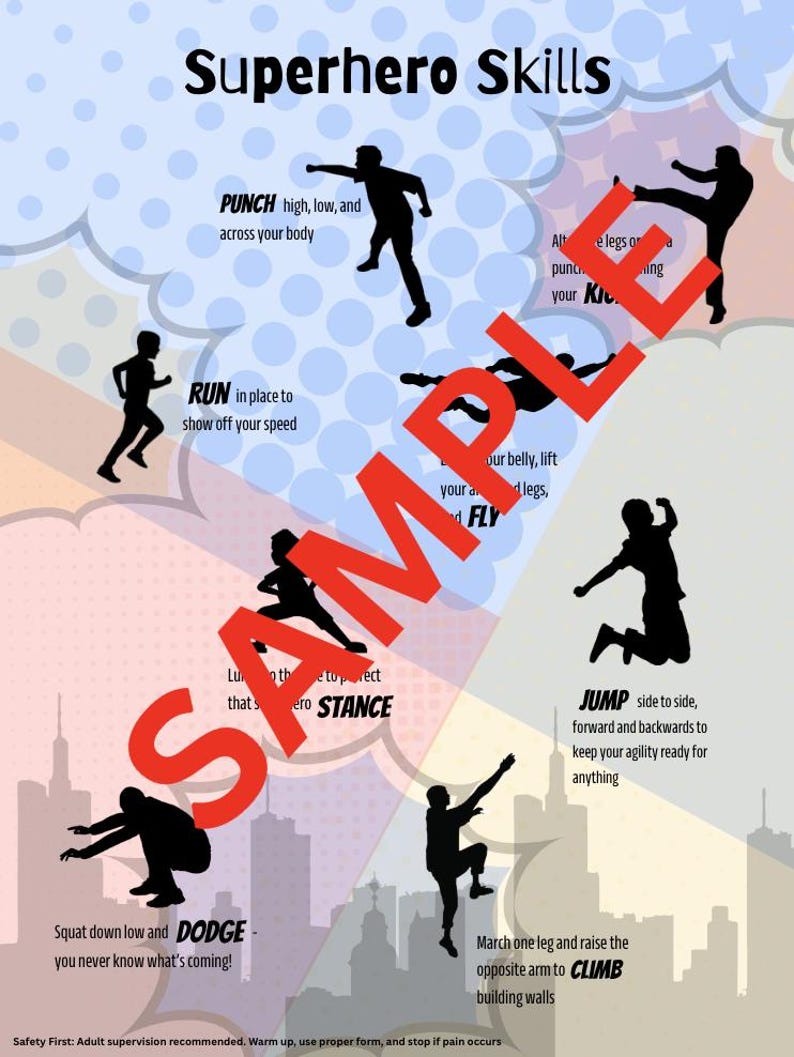 A sample image of the superhero movement break. It has a colorful background resembling a comic book and silhouette images of children, running, jumping climbing kicking and more