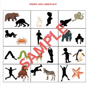 Peut inclure: Une feuille d'activit&eacute; imprimable intitul&eacute;e "Animal Walks" avec des illustrations d'animaux et de poses. La feuille comprend un ours, un lapin, un serpent, un gorille, un pingouin, etc. Le texte "Print, Cut, and Play!" est &eacute;galement inclus.