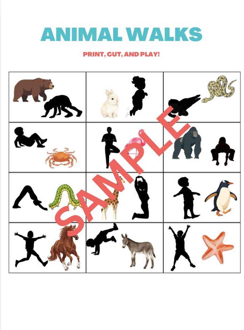 Peut inclure: Une feuille d'activit&eacute; imprimable intitul&eacute;e "Animal Walks" avec des illustrations d'animaux et de poses. La feuille comprend un ours, un lapin, un serpent, un gorille, un pingouin, etc. Le texte "Print, Cut, and Play!" est &eacute;galement inclus.