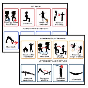 May include: Two black framed posters with exercise illustrations. The top poster shows balance exercises like modified single leg stance and tandem standing. The bottom poster displays core, lower body, and upper body exercises, including bear walks and inchworm walking.