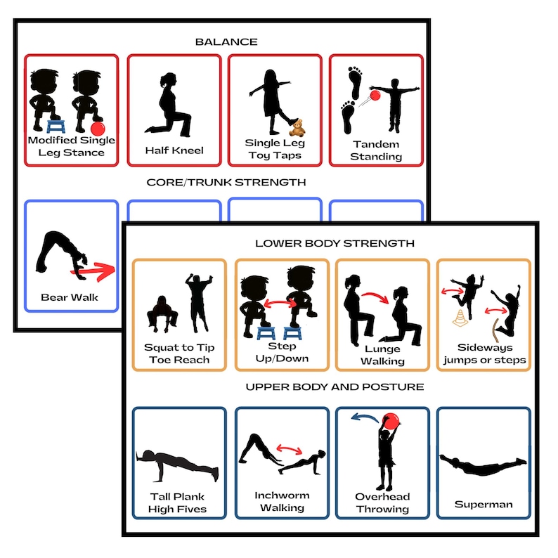 May include: Two black framed posters with exercise illustrations. The top poster shows balance exercises like modified single leg stance and tandem standing. The bottom poster displays core, lower body, and upper body exercises, including bear walks and inchworm walking.