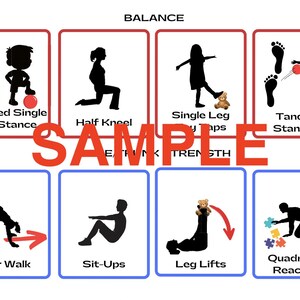 May include: A poster with exercise illustrations for balance and strength training. The exercises include modified single leg stance, half kneel, single leg taps, tandem standing, bear walk, sit-ups, leg lifts, and quadruped reaching. The word "SAMPLE" is in large red letters.