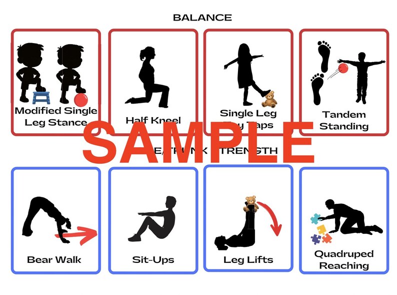 May include: A poster with exercise illustrations for balance and strength training. The exercises include modified single leg stance, half kneel, single leg taps, tandem standing, bear walk, sit-ups, leg lifts, and quadruped reaching. The word "SAMPLE" is in large red letters.