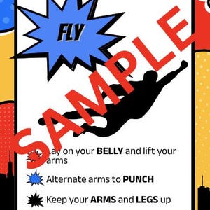 Puede incluir: Un p&oacute;ster de estilo c&oacute;mic con una silueta negra de una persona volando. La palabra "FLY" est&aacute; en una explosi&oacute;n azul, y "SAMPLE" es rojo. Las instrucciones incluyen "BELLY", "PUNCH", "ARMS", "LEGS" y "LIFT".