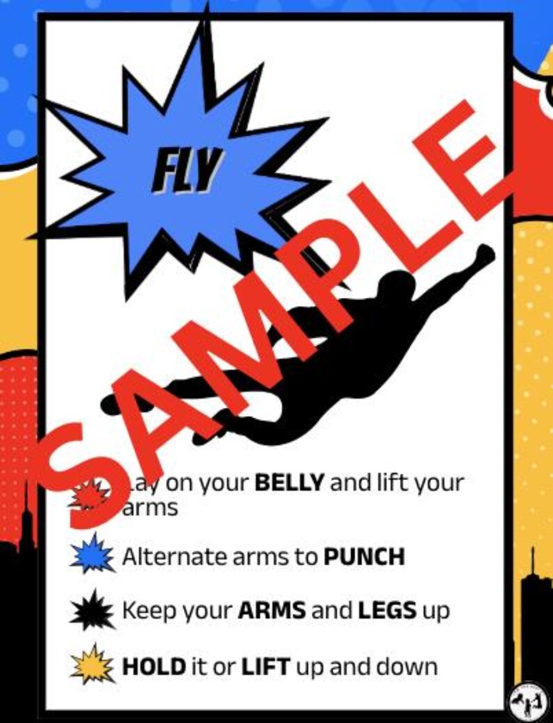 Puede incluir: Un p&oacute;ster de estilo c&oacute;mic con una silueta negra de una persona volando. La palabra "FLY" est&aacute; en una explosi&oacute;n azul, y "SAMPLE" es rojo. Las instrucciones incluyen "BELLY", "PUNCH", "ARMS", "LEGS" y "LIFT".