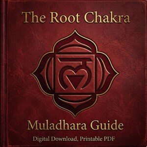 May include: A red book cover with gold lettering and a central emblem. The text reads "The Root Chakra" and "Muladhara Guide". The emblem is a stylized lotus flower with a geometric design at its center. The words "Digital Download, Printable PDF" are at the bottom.