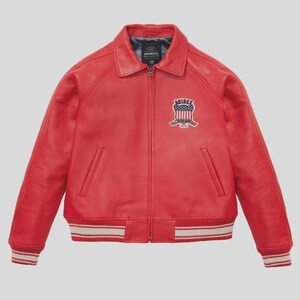 Premium Avirex USA red leather jacket with embroidered logo detailing, classic bomber style, ribbed cuffs and hem, high-quality craftsmanship.