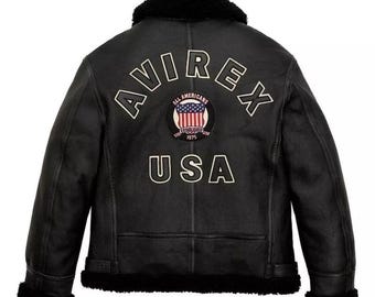 Mens Avirex Icon Black Shearling Bomber Jacket Real American Flight Leather Gift for Him