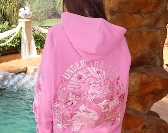 Pink Palm Puff Mermaid Hoodie: Under Sea Graphic Cotton Sweatshirt