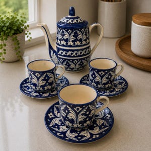 Puede incluir: Un juego de té de cerámica que incluye una tetera y tres tazas a juego con sus platos. Cada pieza está decorada con un patrón floral pintado a mano en azul profundo y blanco. La tetera cuenta con una tapa y un asa curva.