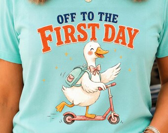 Off To The First Day PNG: Cute Duck Clipart Back To School png School Design Sublimation Graphics (Digital Download)