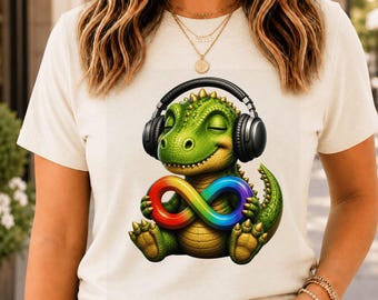Cute Dinosaur With Headphones PNG: Rainbow Infinity Dino, Autism Awareness PNG, Neurodiversity Clipart, Cute Dino Art (Digital Download)