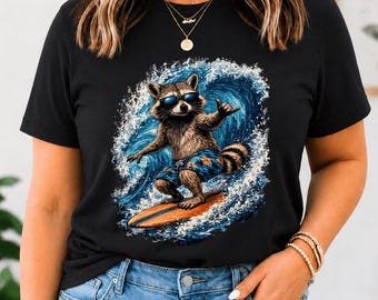 Raccoon Surfing PNG: Surf More Worry Less Wave Wearing Sunglasses Pose Ocean Summer Vibes Beach Cartoon Sublimation Design(Digital Download)