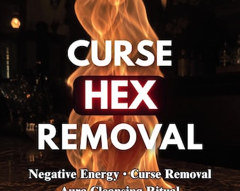 May include: A heart-shaped object sits on a small circular base, engulfed in bright orange and yellow flames. The text reads: CURSE HEX REMOVAL, Negative Energy • Curse Removal, Aura Cleansing Ritual. The background is dark and out of focus.