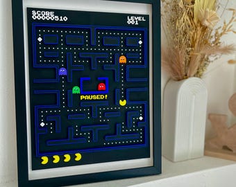 Pac-Man 3D-geprinte wanddecoratielijst – Retro arcade game decoratie – Level 1 schaduwdoos – 30 x 40 cm – Gamer cadeau