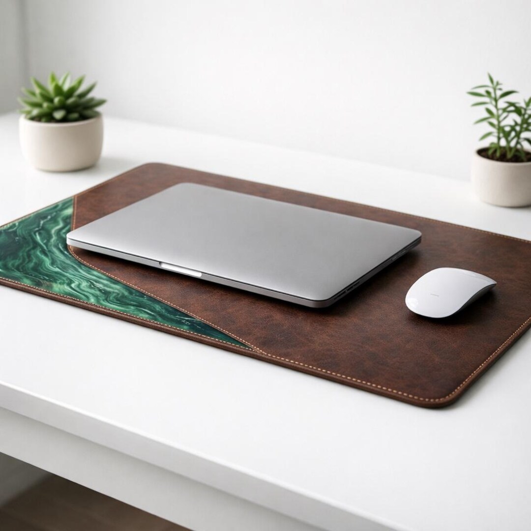 Custom Leather Desk Mat, Emerald Resin Laptop Pad, Mouse Pad, Office ...
