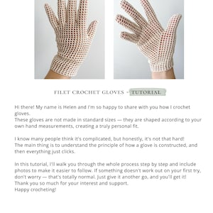 K&ouml;nnte beinhalten: Zwei Bilder von Filet-H&auml;kelhandschuhen. Die Handschuhe sind hellbeige und haben ein offenes, netzartiges Design. Der Text "FILET CROCHET GLOVES - TUTORIAL" befindet sich oben im Bild. Die Handschuhe sind nach Handma&szlig;en geformt.