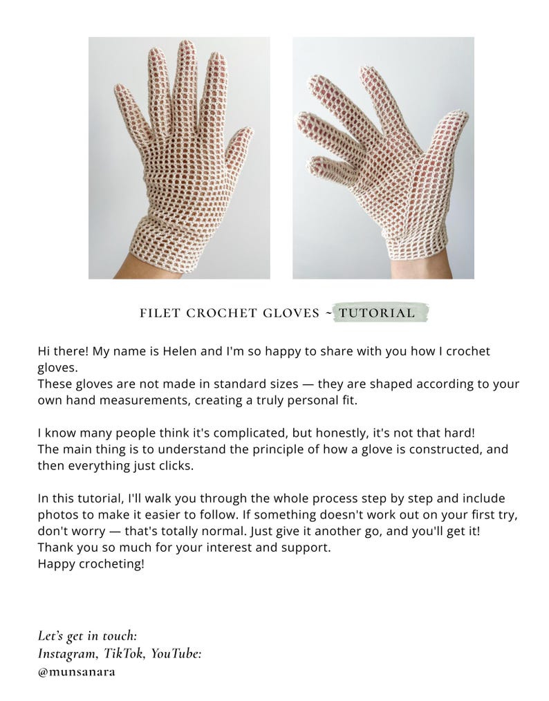 K&ouml;nnte beinhalten: Zwei Bilder von Filet-H&auml;kelhandschuhen. Die Handschuhe sind hellbeige und haben ein offenes, netzartiges Design. Der Text "FILET CROCHET GLOVES - TUTORIAL" befindet sich oben im Bild. Die Handschuhe sind nach Handma&szlig;en geformt.