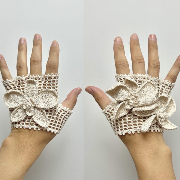 Crochet Fingerless Gloves with Orchid - Tutorial | Anatomical fit | Filet Crochet Mittens