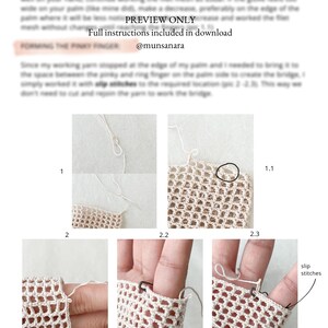 K&ouml;nnte beinhalten: Eine Seite aus einer H&auml;kelanleitung mit Schritt-f&uuml;r-Schritt-Anleitungen. Die Bilder zeigen Nahaufnahmen von geh&auml;keltem Netzstoff und den Prozess der Bildung des kleinen Fingers. Text enth&auml;lt "PREVIEW ONLY" und "slip stitches".